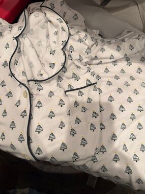 Women's White Pajama Set with Christmas Tree Print and Green Piping